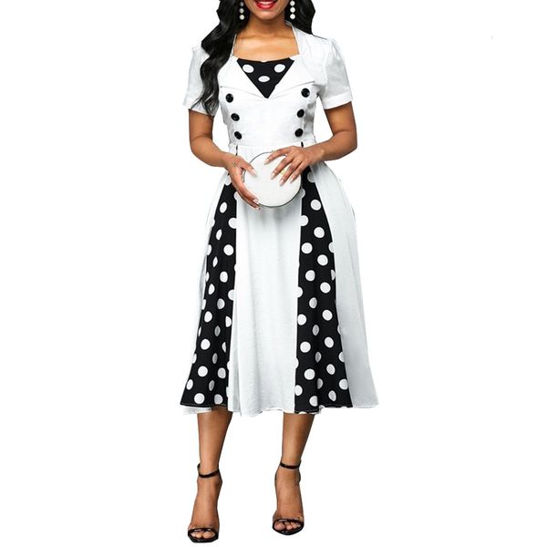 Abito donna 2021 Estate Casual Plus Size Slim Patchwork Dot Print Ball Gown Abiti Donna Sexy Vintage Ufficio Abito lungo da festa X0521