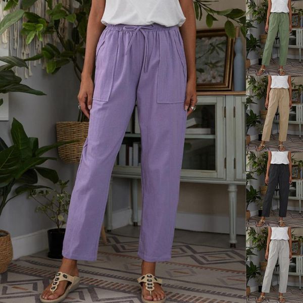 

women's pants & capris women trousers 2021 summer cotton linen solid elastic waist loose high female straight pockets drawstring long, Black;white