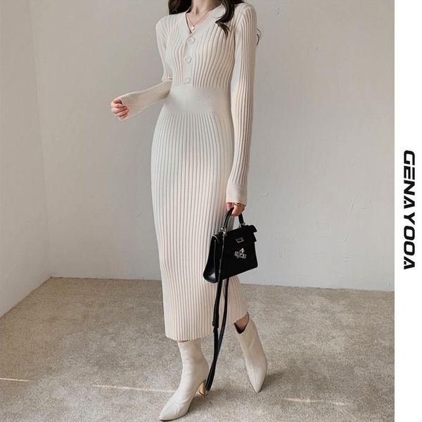 

casual dresses genayooa knit sweater dress women knitted sweaters v-neck bodycon midi button decor slim long sleeve vestidos elegant, Black;gray