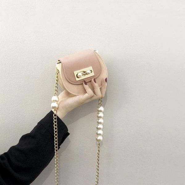 

korean shoulder bag fashion quality pu women messenger cute mini pink pearl chain saddle simple female crossbody bags