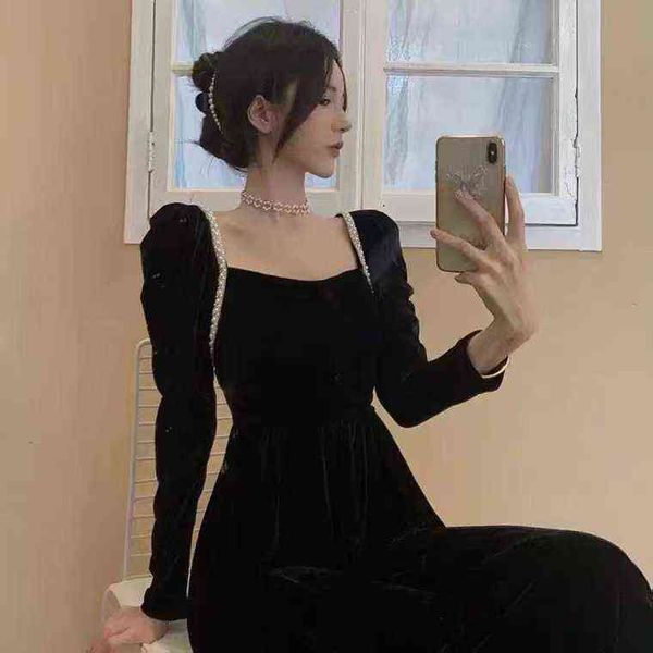 

casual dresses evening french minority hepburn style small square neck black veet dresses female autumn and winter, Black;gray