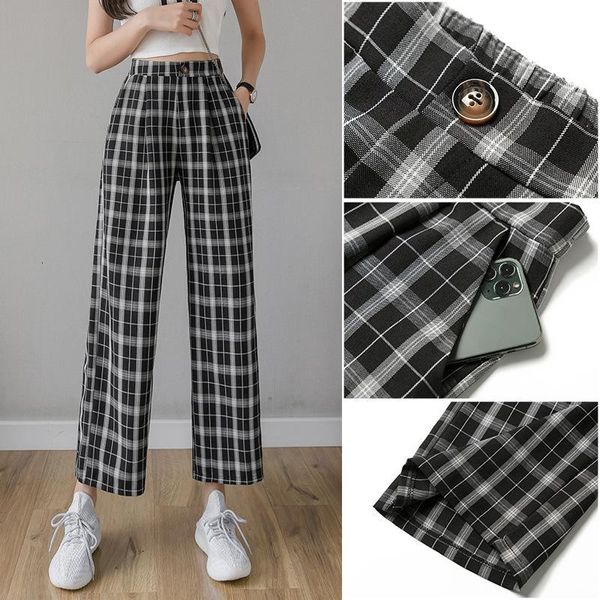 

women's pants & capris plaid trousers, vintage cotton-style summer of flax, for students, loose, 2xl, high waist, long leg p1s3, Black;white