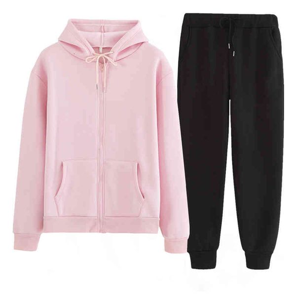 

women's two piece pants women tracksuit 2 piece set autumn winter hooded sweatshirt and solid color zipper outfits sportswear female su, White