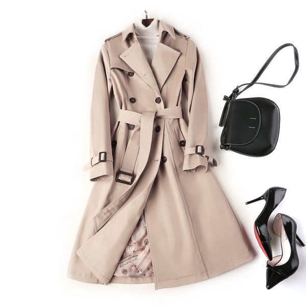 

women's coats fashion double breasted mid-long trench coat women khaki slim belt cloak mujer windbreaker female abrigos brazil pr027 ej, Tan;black