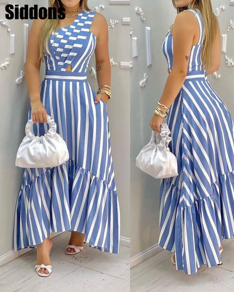 

skirts summer elegant one shoulder striped colorblock sleeveless asymmetric high waist casual maxi dresses fashion skinny robes, Black
