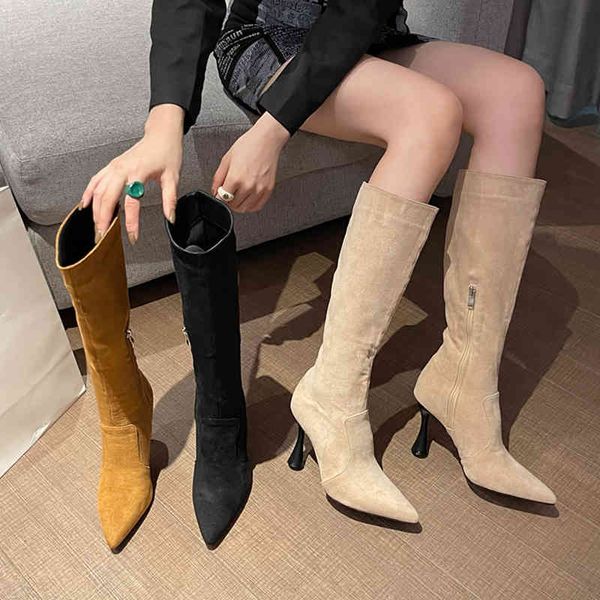 

dress shoes marca de moda feminina motocicleta joelho botas altas costura doce sólido apontado dedo do pé zip stiletto saltos festa boate sa, Black