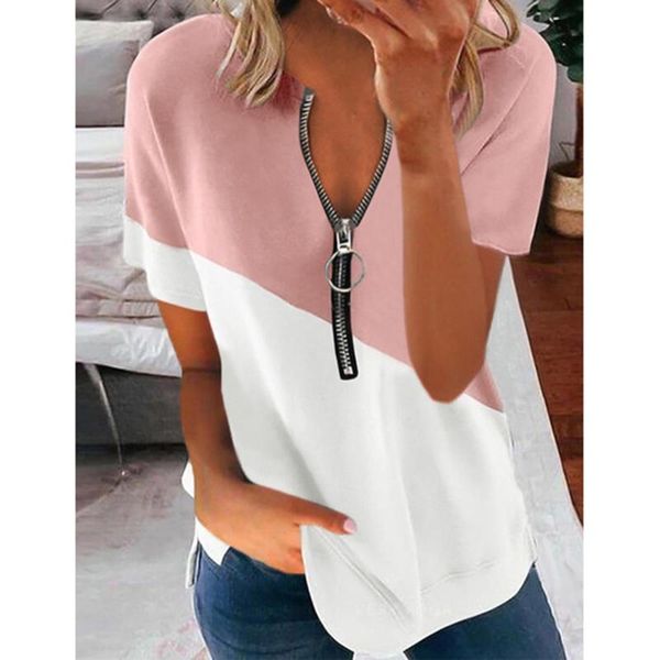 

women's t-shirt patchwork short sleeve zipper v-neck casual summer ladies loose tee shirt streetwear, White