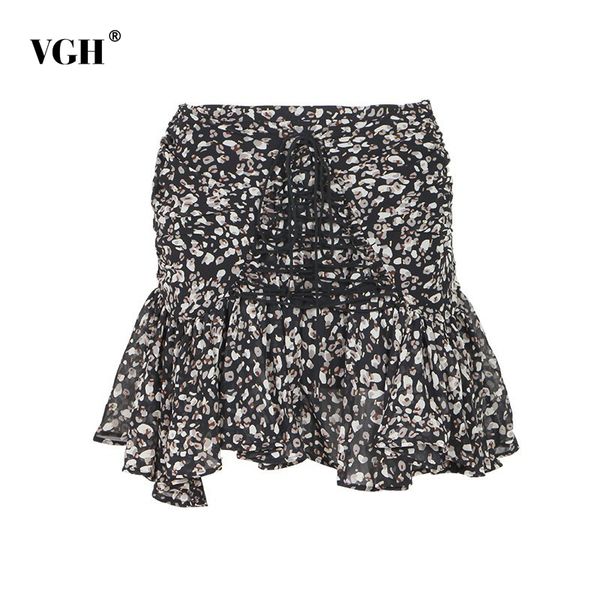 

vgh cross bandage mini skirt for women high waist lace up bowknot print leopard ruched skirts female fashion new clothing 210421, Black