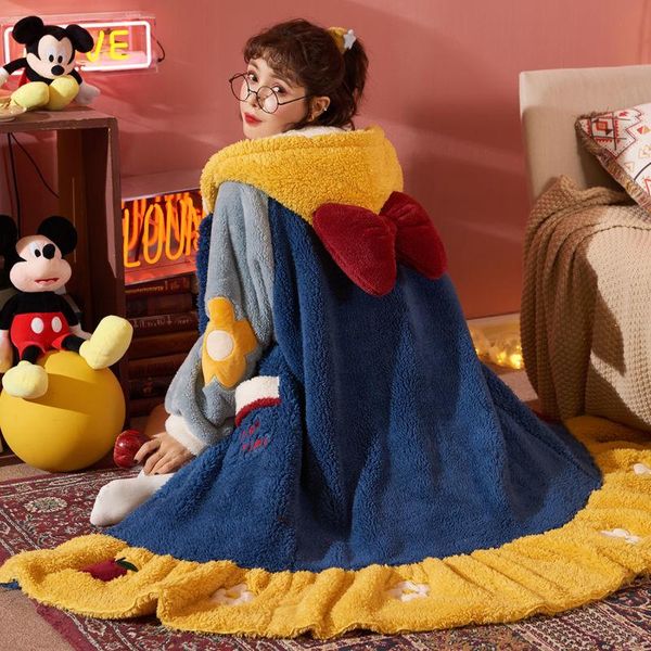 

women's sleepwear wowen pajamas winter plus velvet thickened coral fleece long nightgown cute hooded nightdress female home rob, Black;red