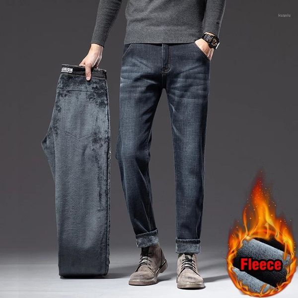 

men's jeans 2021 winter brand men clothing fitted straight denim classic embroidered thick fleece warm youth fashion slim, Blue