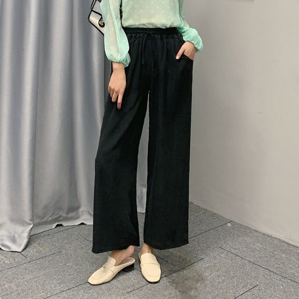 

pants women's 100% pure silk black belted elastic waist wide leg long pants trousers jn445, Black;white