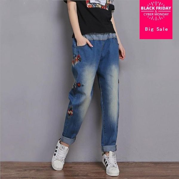 

2xl-6xl plus size embroidery drawstring jeans 2021 summer casual loose wild denim ankle-length wide leg pants l835 women's, Blue