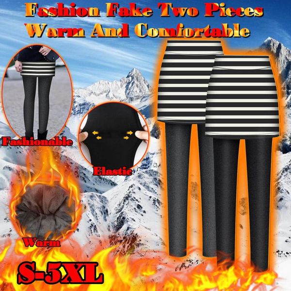 

women's leggings 30# women winter legging fake two-piece stripe print waist keep warm ladies long pants leggin mujer, Black