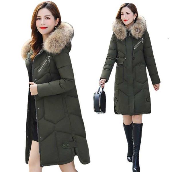 

2021 winter korean down cotton et women's large wool collar slim medium long, Black