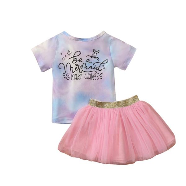 

clothing sets baby tie-dye short sleeve + mesh skirt,2021 fashion elastic waist sequin decoration little princess summer, White