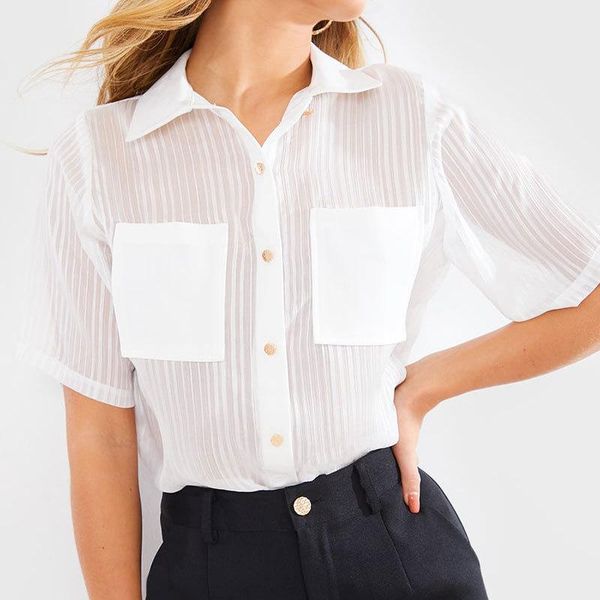 

women's t-shirt women chiffon striped short sleeve summer ladies perspective pocket button loose casual ol shirt wx309, White