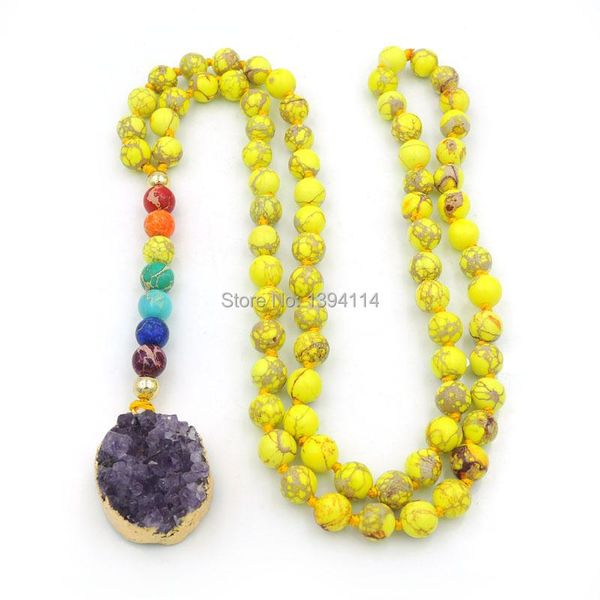 

pendant necklaces natural amethys t druzy & 7 chakra colors pendants 8mm yellow imperial jaspe r round beads knot handmade, Silver