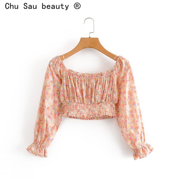 

beauty woman summer slim stylish wild pleated floral printed square collar puff sleeve chic crop blouse 210514, White