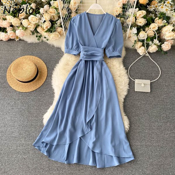 

neploe v neck pullover short sleeve dress women high waist hip sashes a line vestidos summer candy color robe holiday 210510, Black;gray