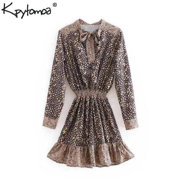

vintage chic leopard print ruffles mini dress women fashion bow tie neck elastic waist ladies dresses casual vestidos mujer 210420, Black;gray
