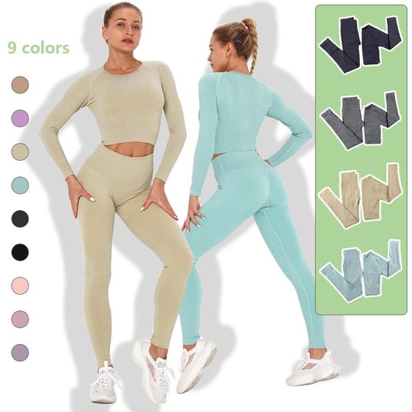 

yoga outfit 2 piece set women sport outfits seamless high waist crop leggings running sports long sleeve gym sets
