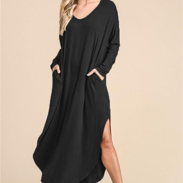 

solid dress spring new long sleeved boho dresses autumn clothing casual 19ss women v-neck, Black;gray