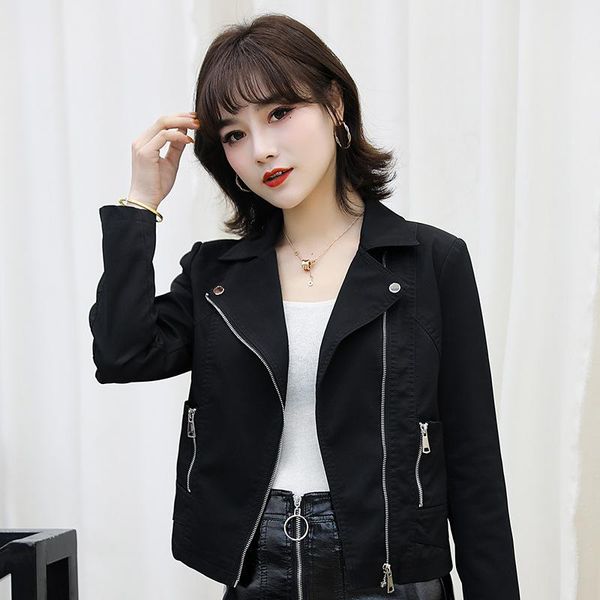 

women's leather & faux pu jacket women coat 2021 autumn liating long sleeve lapel zipper bike motorcycle casual, Black