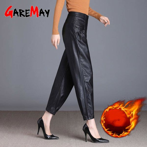 

women black faux leather suit pants high waist pockets fashion lady warm pant office ladies pu trousers 210428, Black;white