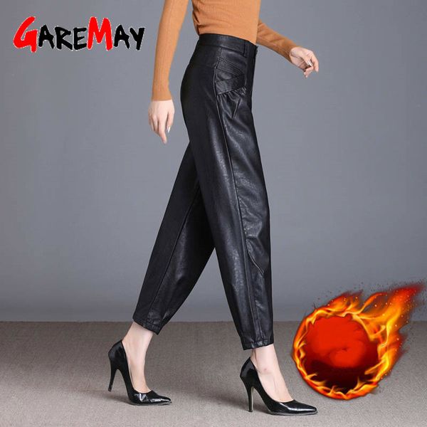 Frauen Schwarz Faux Leder Anzug Hosen Hohe Taille Taschen Mode Dame Warme Hose Büro Damen Pu Hosen 210428