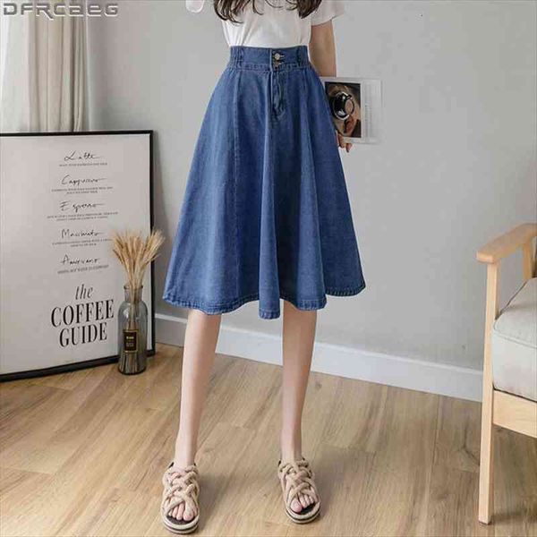 

vintage elastic high waist denim womens skirt spring summer streetwear big swing saia midi button a-line women jeans skirts, Black