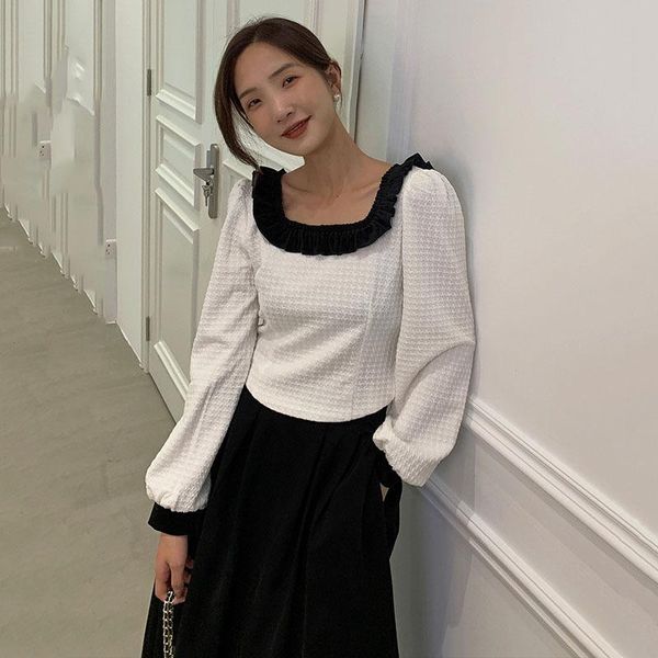 

women's blouses & shirts [ewq] autumn winter 2021 contrast spliced pullover women ruffle square collar puff sleeve short female 16r602, White