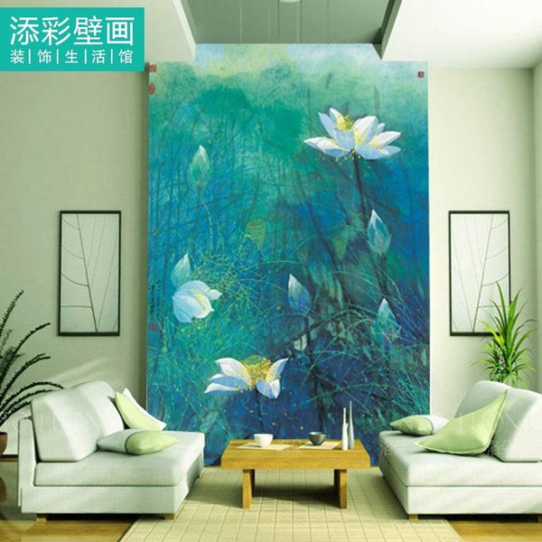 

wallpapers 3d white lotus blue green wallpaper watercolor porch hallway mural moisture proof vertical restaurant corridor