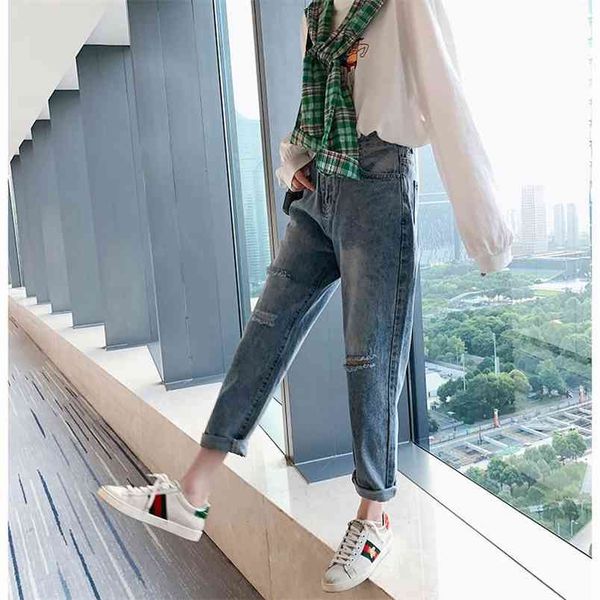 

summer korea fashion women high waist loose ripped jeans plus size casual cotton denim ankle-length harem pants s864 210512, Blue