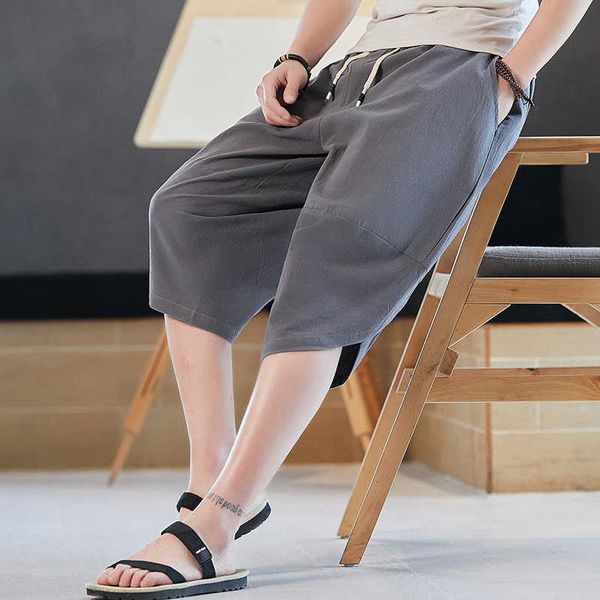 Herren Wadenlange Hose Solide Sommer Lose Leichte Freizeitshorts Mann Bequeme Haremshose im chinesischen Stil Plus Größen PT-512 X0723