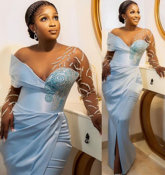 

2022 plus size arabic aso ebi mermaid beaded prom dresses long sleeves satin evening formal party second reception birthday bridesmaid engag, Black