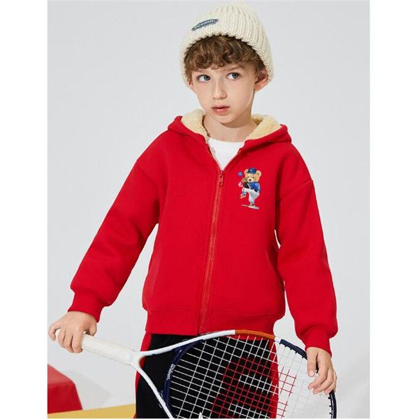 

boys puls velvet hoodie autumn winter loose hooded zipper jacket cardigan bear print thicken warm coat casual childen's sportswear, Black