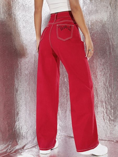 

fire embroidery high waist straight jeans r96o#, Blue