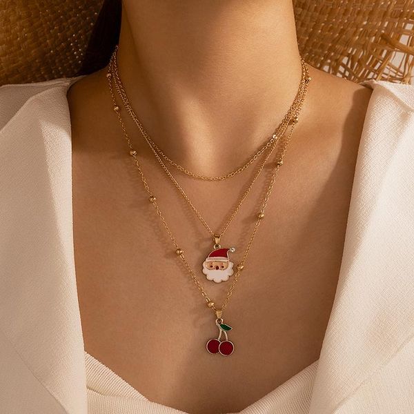 

pendant necklaces funny santa claus necklace for women cute cherry colorful multilayer alloy sweater chain lady jewelry gift 13962, Silver