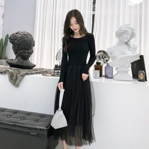 

casual dresses chic mesh woman dress 2021 long sleeve neck knitted sweater bodycon women autumn winter black ladies maxi vestidos, Black;gray