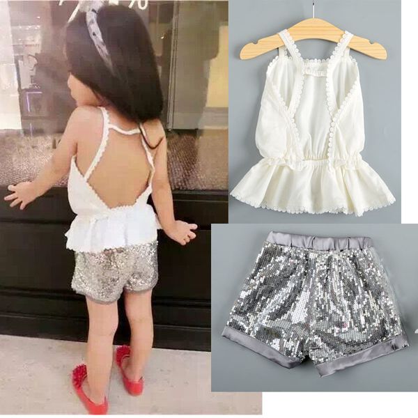 

kids clothing sets brand casual clothes girls cotton white leak t-shirt+shiny shorts 210515