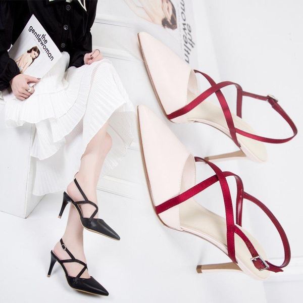 

dress shoes celebrities pointy closed toe sandals women square buckle thin high heels sandalias silk cross band patchwork zapatos mujer, Black