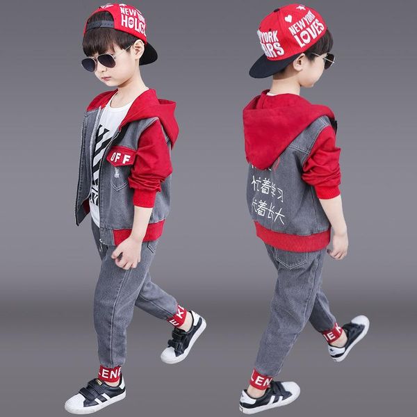 

clothing sets children's wear boys suit autumn handsome boy denim clothes 3 piece set fashion boutique kids hoodies shirt pants, White