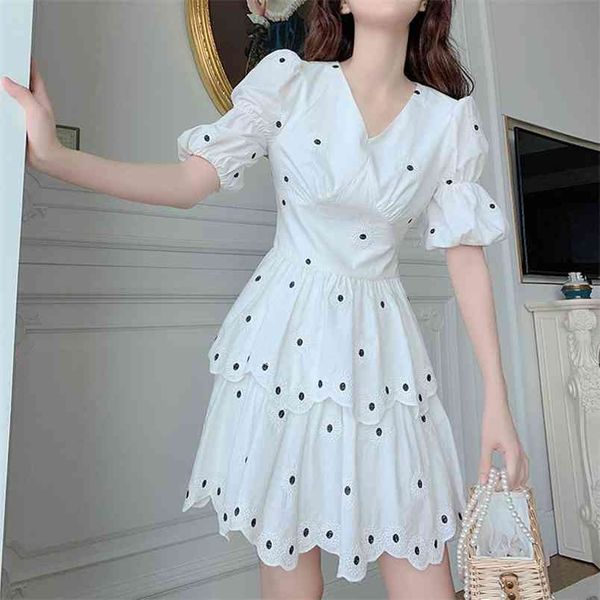 

fashion korean sweet dot summer dress women v neck puff sleeve high waist white casual party for female vintage robe 210514, Black;gray