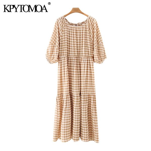 

women chic fashion ruffled check midi dress vintage o neck with elastic short sleeve female dresses vestidos mujer 210420, Black;gray