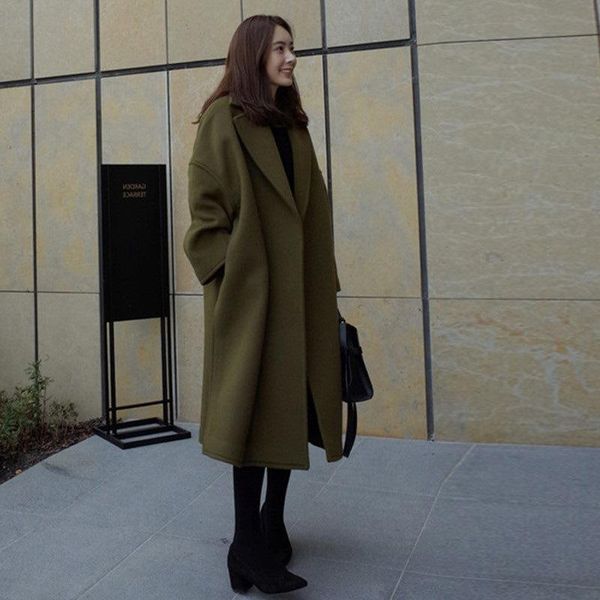 

women's wool & blends bjyl fashion autumn winter woolen coat female casual wild mid-length overcoat ladies v-neck thick warm women, Black