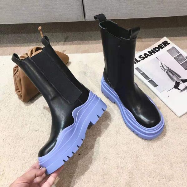 

winter woman fashion round toes color thick bottom martin boots blue yellow pink heel rain shoes, Black