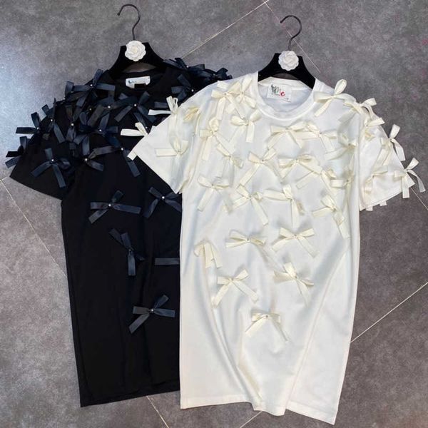 

fabpop summer short sleeve o neck ol bow decoration loose t shirt women gb441 210709, White