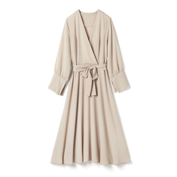 Bea Beige V-Emper Empire Sash Chiffon Wrap платье с длинным рукавом длина колена сплошной старинный элегантный D1686 210514