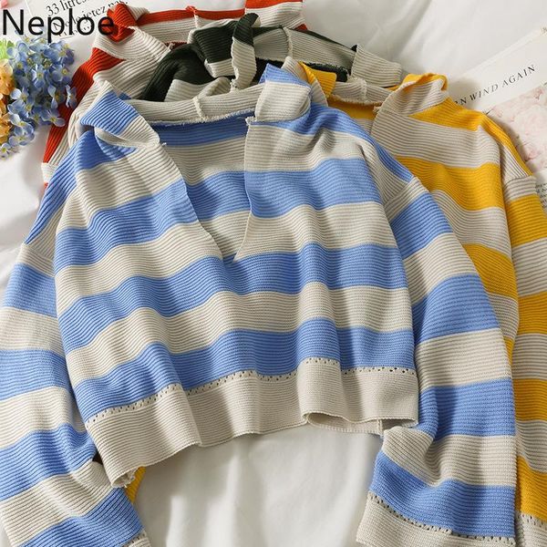 

women's sweaters neploe cropped sweater women 2021 fall clothing loose casual hooded knitted pullovers fashion striped all-match jumper, White;black