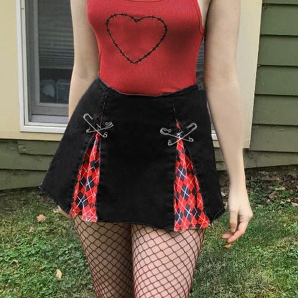 

skirts plaid print a-line gothic black high waist girl mini skirt women patchwork clubwear